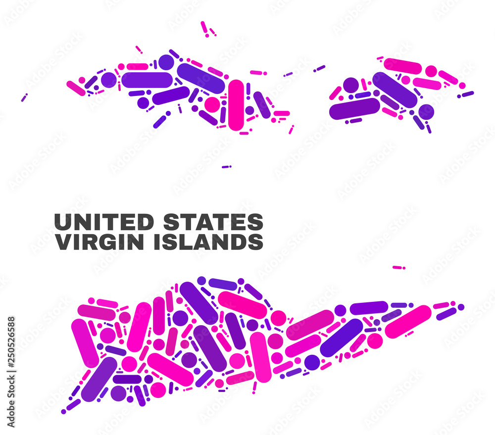 Mosaic American Virgin Islands map isolated on a white background. Vector geographic abstraction in pink and violet colors.