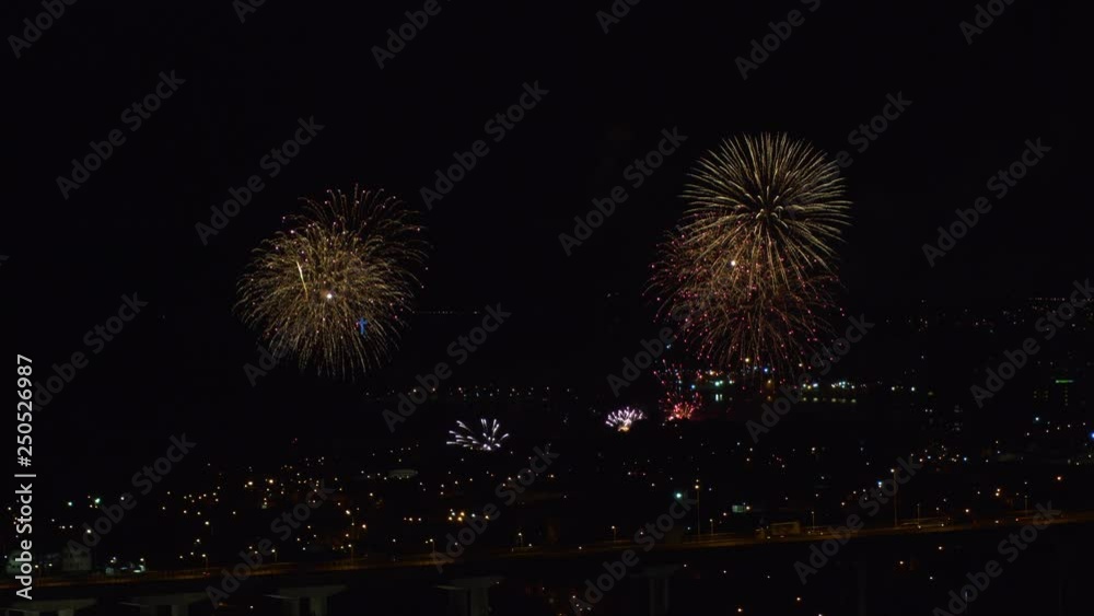 Fireworks at night, over the bay of the city of Puerto Montt, on the occasion of its 166th anniversary Fireworks at night, over the bay of the city of Puerto Montt, on the occasion of its 166th anniversary