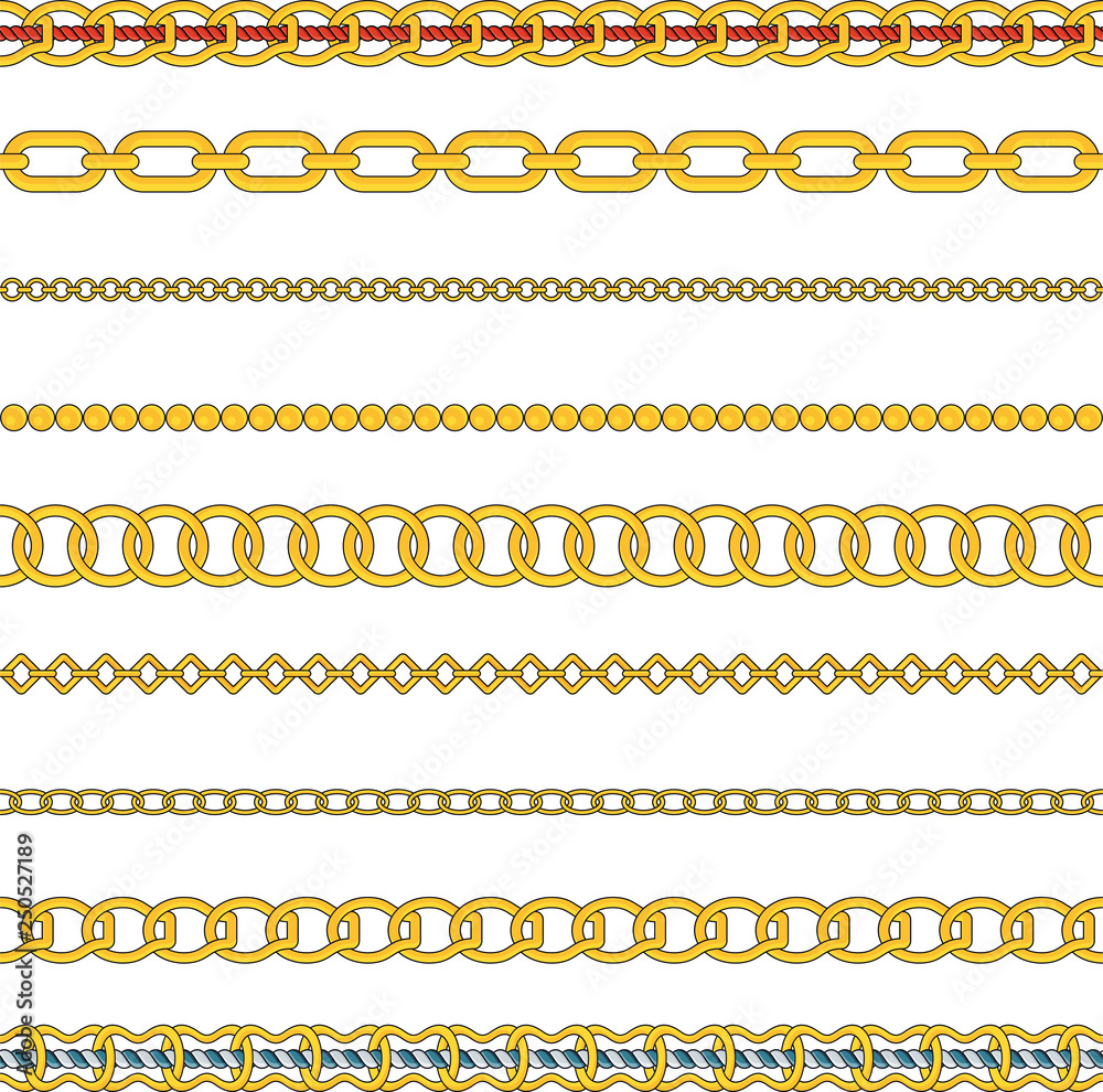 Flat vector set of figured gold chain isolated on white background