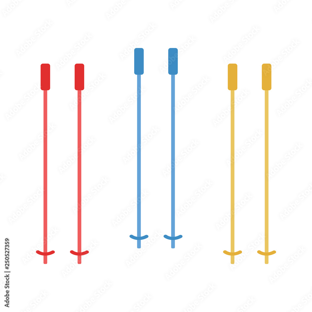 Set of Ski sticks. Red, yellow and blue ski sticks. Winter extreme mountain sport, leisure activity equipment element. White background. Vector illustration. EPS 10. Set of Ski sticks. Red, yellow and blue ski sticks. Winter extreme mountain sport, leisure activity equipment element. White background. Vector illustration. EPS 10.