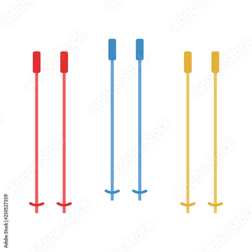 Set of Ski sticks. Red, yellow and blue ski sticks. Winter extreme mountain sport, leisure activity equipment element. White background. Vector illustration. EPS 10.