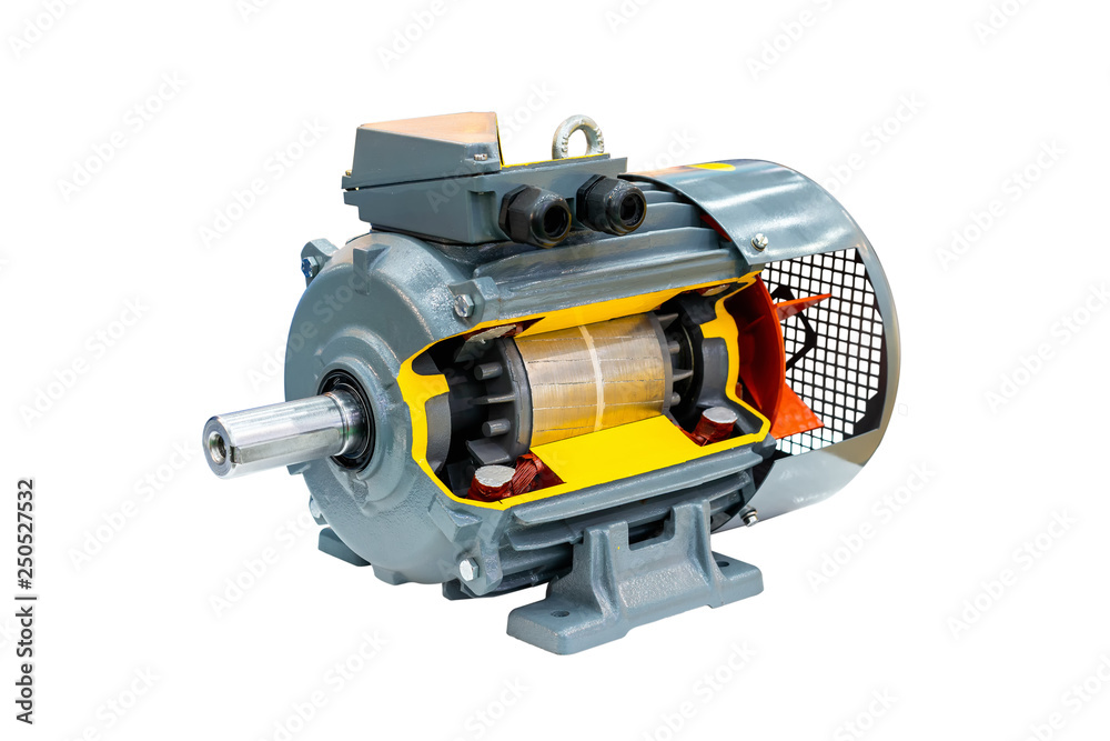 Cross section detail inside modern of high technology electric motor isolated on white background with clipping path