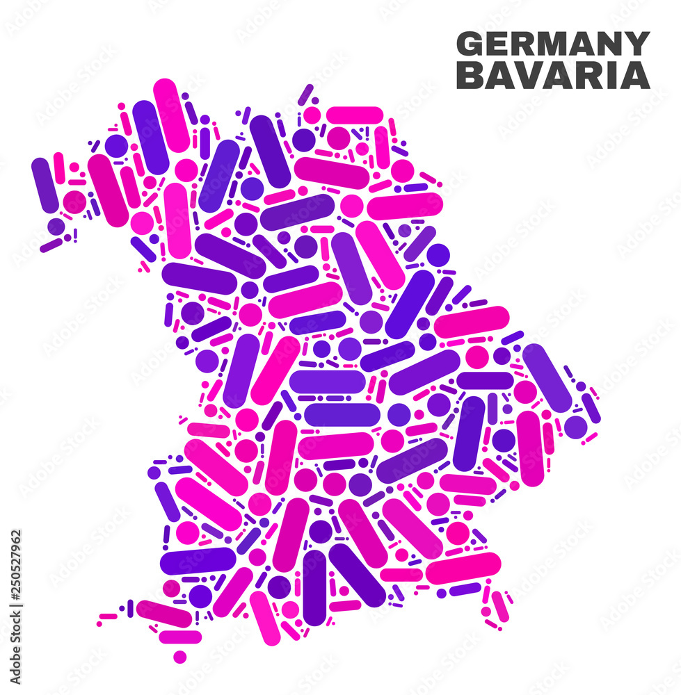 Mosaic Bavaria Land map isolated on a white background. Vector geographic abstraction in pink and violet colors. Mosaic of Bavaria Land map combined of random round points and lines. Mosaic Bavaria Land map isolated on a white background. Vector geographic abstraction in pink and violet colors. Mosaic of Bavaria Land map combined of random round points and lines.