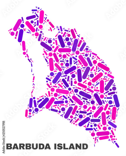 Mosaic Barbuda Island map isolated on a white background. Vector geographic abstraction in pink and violet colors. Mosaic of Barbuda Island map combined of random circle points and lines. © Evgeny