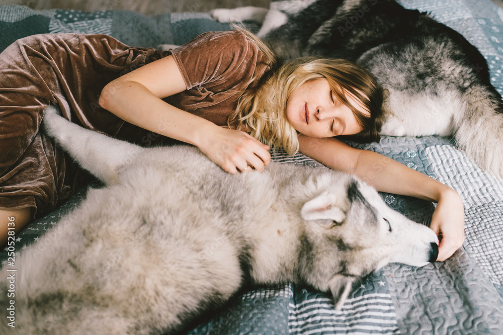 Young girl in brown dress lying on bed at home and sleeping with husky puppy. Lifestyle indoor portrait of beautiful woman hugs husky dog on sofa. Pet lover. Cheerful female resting with adorable dog. Young girl in brown dress lying on bed at home and sleeping with husky puppy. Lifestyle indoor portrait of beautiful woman hugs husky dog on sofa. Pet lover. Cheerful female resting with adorable dog.