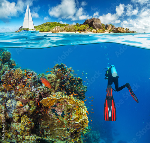Fototapeta Naklejka Na Ścianę i Meble -  Young woman snorkling next to tropical island