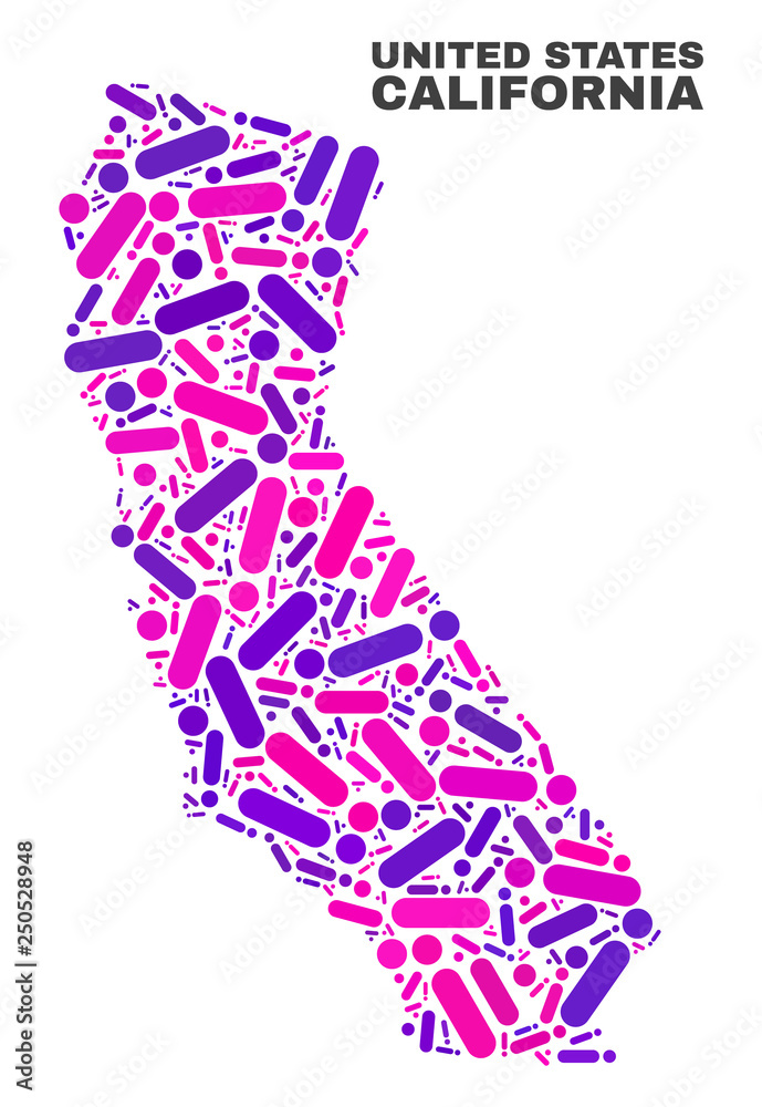 Fototapeta premium Mosaic California State map isolated on a white background. Vector geographic abstraction in pink and violet colors. Mosaic of California State map combined of random round points and lines.