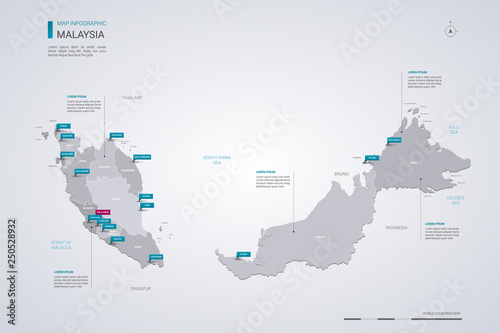 Malaysia vector map with infographic elements, pointer marks.