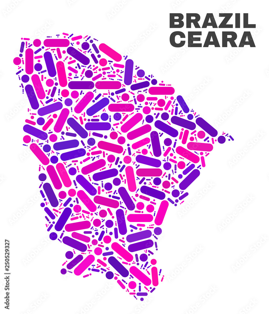 Mosaic Ceara state map isolated on a white background. Vector geographic abstraction in pink and violet colors. Mosaic of Ceara state map combined of random circle points and lines. Mosaic Ceara state map isolated on a white background. Vector geographic abstraction in pink and violet colors. Mosaic of Ceara state map combined of random circle points and lines.