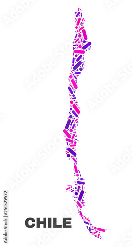 Mosaic Chile map isolated on a white background. Vector geographic abstraction in pink and violet colors. Mosaic of Chile map combined of scattered circle dots and lines.