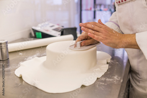 Midsection of female baker making cake with smoother on kitchen counter in laboratory photo