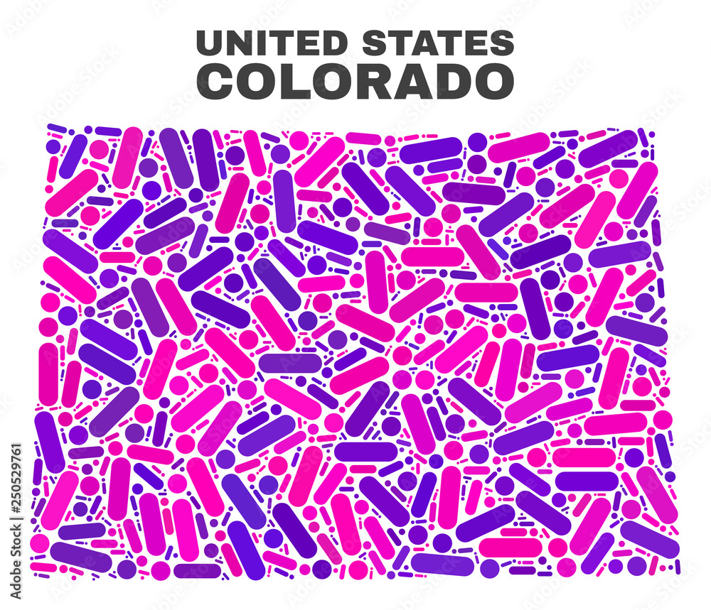 Mosaic Colorado State map isolated on a white background. Vector geographic abstraction in pink and violet colors. Mosaic of Colorado State map combined of random circle points and lines. Mosaic Colorado State map isolated on a white background. Vector geographic abstraction in pink and violet colors. Mosaic of Colorado State map combined of random circle points and lines.