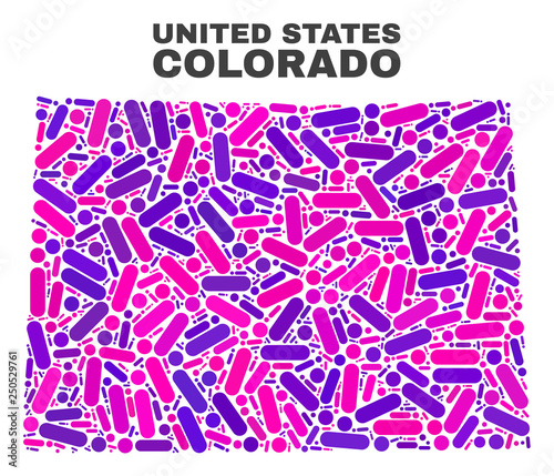 Mosaic Colorado State map isolated on a white background. Vector geographic abstraction in pink and violet colors. Mosaic of Colorado State map combined of random circle points and lines.