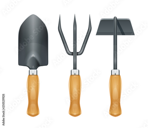 Garden tool for gardening work. Spade, rake, hoe for kitchen garden. Agriculture implement. Isolated white background. Eps10 vector illustration.