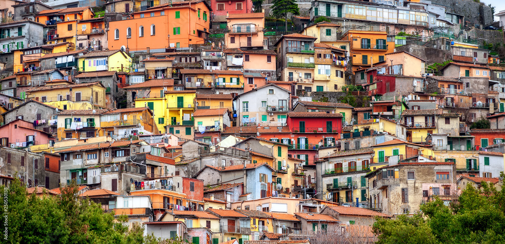 Colorful chaotic houses on a mountain in Rocca di Papa, Italy