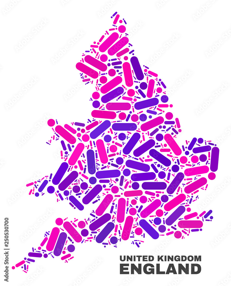 Mosaic England map isolated on a white background. Vector geographic abstraction in pink and violet colors. Mosaic of England map combined of scattered round dots and lines.