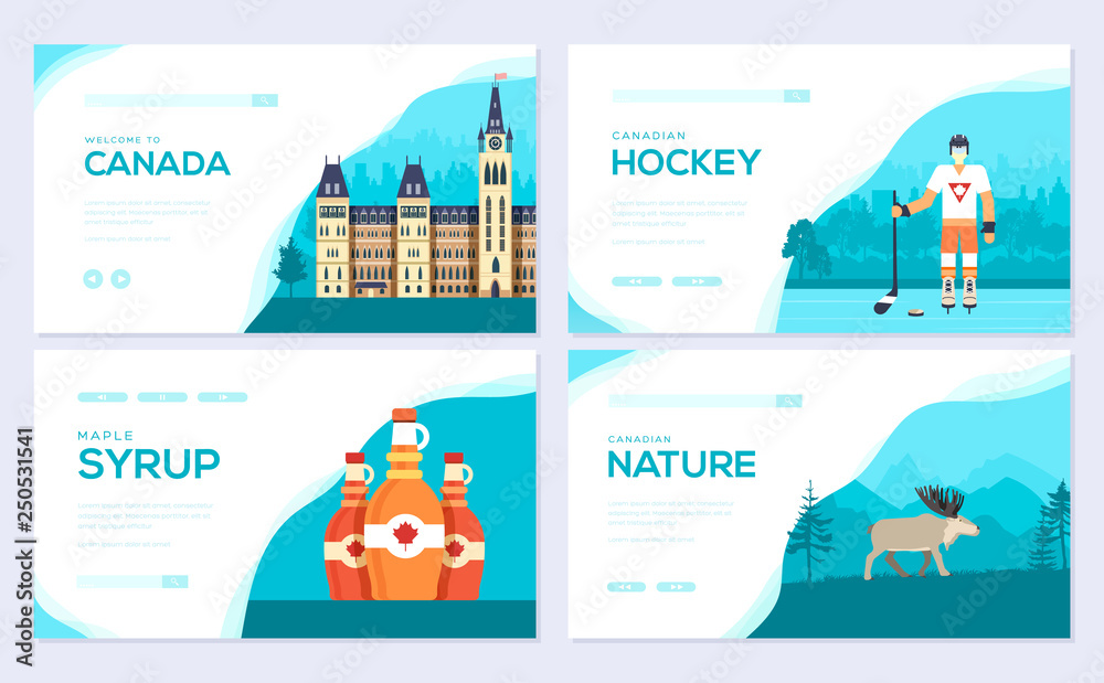 Set of Canada country brochure cards set.  Traditional template of  invitation template of flyear, web banner, ui header, enter site. Layout modern