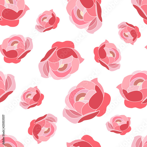 Seamless abstract pattern of carmine-pink peonies  on white background.