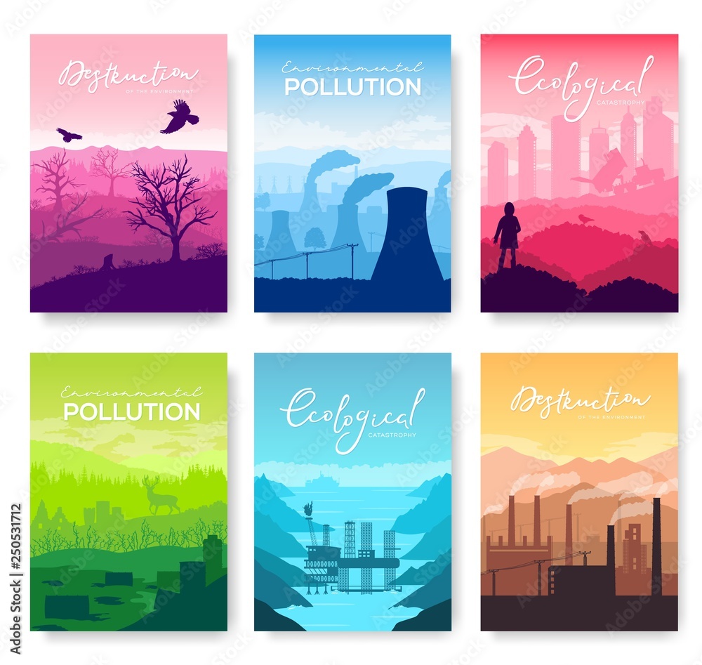 Naklejka premium Environmental disaster in nature landscape vector brochure cards. Set of template of flyer, magazines, poster, books, banners. lifestyle invitation concept. Layout modern page