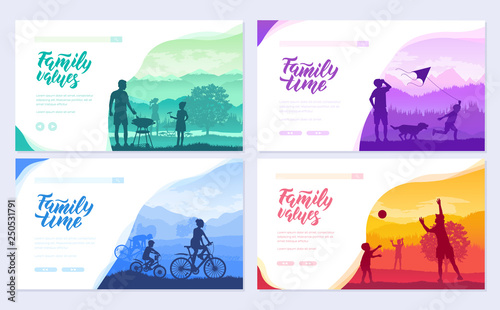 family vacation with children in nature brochure cards set. Friendly resorts template of flyear, web banner, ui header, enter site. Invitation concept background. Layout modern slider page