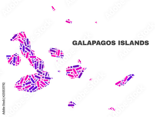 Mosaic Galapagos Islands map isolated on a white background. Vector geographic abstraction in pink and violet colors. Mosaic of Galapagos Islands map combined of random round points and lines.