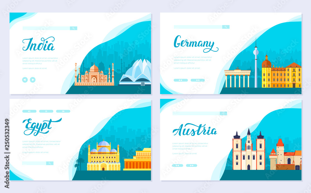 Travel information brochure card set. Landscape country India, Germany, Egypt, Austria of template of flyear, web banner, ui header, enter site. Layout invintation modern