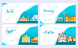 Travel information brochure card set. Landscape country India, Germany, Egypt, Austria of template of flyear, web banner, ui header, enter site. Layout invintation modern
