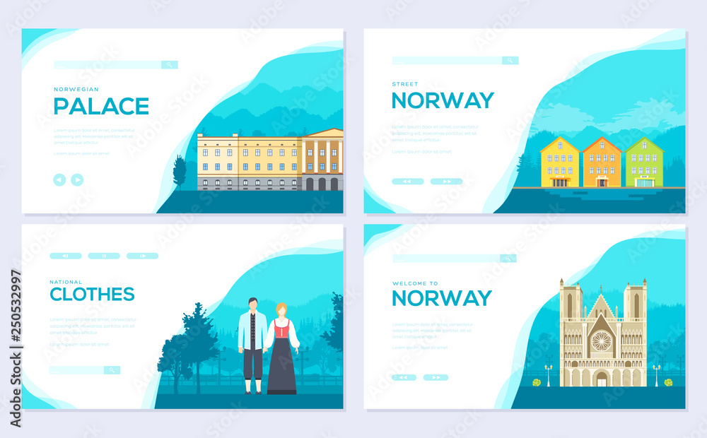 Norway country ornament travel tour concept. Traditional monumentbrochure card set. Template of flyear, web banner, ui header, enter site. Layout invintation modern slider