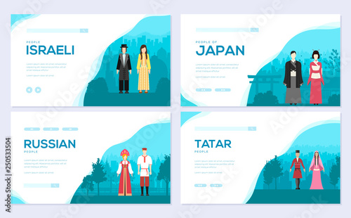 couples from different countries of the world. Traditional clothing of different nationalities brochure card set. Invitation template of flyear, web banner, ui header, enter site. Layout modern
