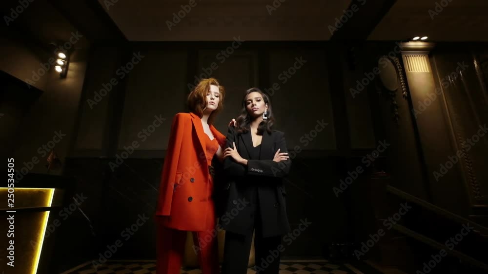 Glamorous Fashion Models In Сostumes Posing On A Dark Background.