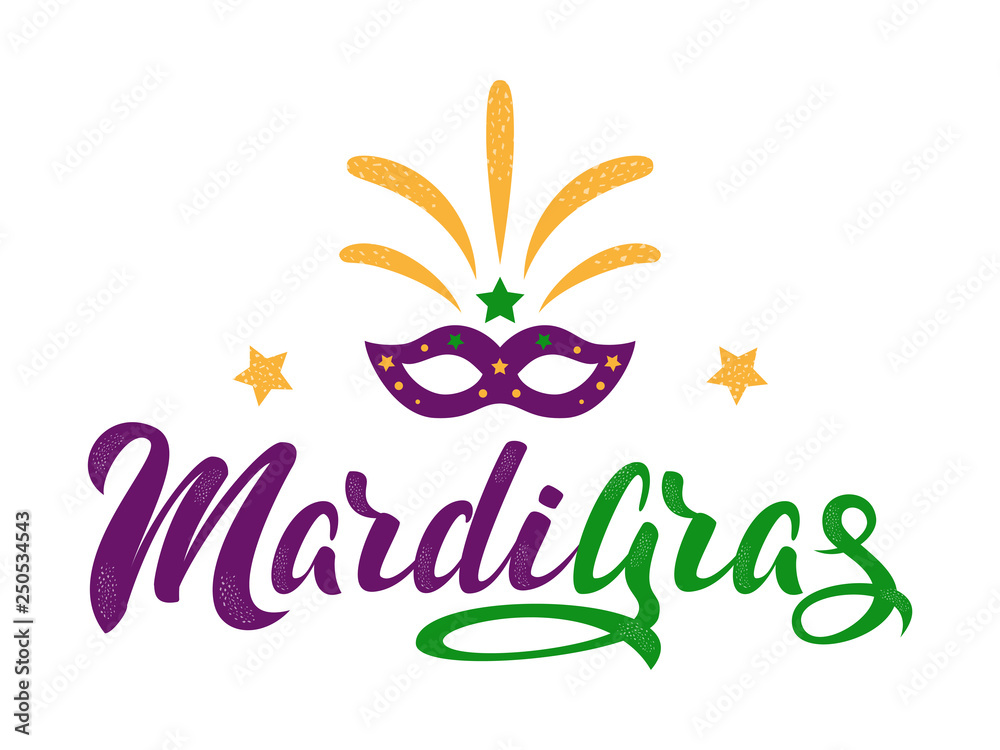 Obraz premium Mardi Gras purple and green text with masquerade mask and fireworks. American New Orleans Fat Tuesday poster, greeting card. Sidney Mardi Gras parade. Carnival lettering. Vector illustration.