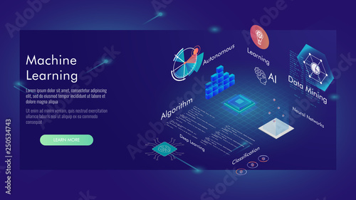 Machine learning, Ai, Data mining, algorithm, algorithm, neural network, deep learning and autonomous. isometric vector concept
