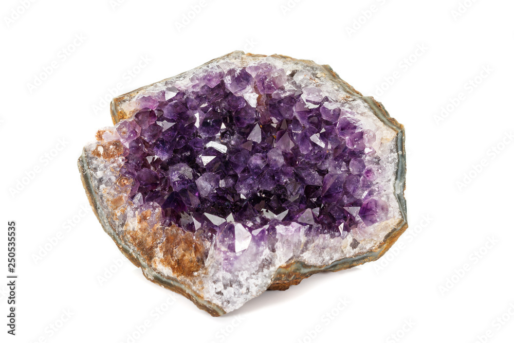 Amethyst Crystal Druse macro mineral on white background close up Amethyst Crystal Druse macro mineral on white background close up