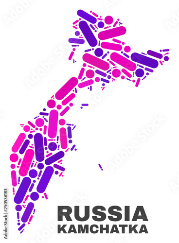 Mosaic Kamchatka map isolated on a white background. Vector geographic abstraction in pink and violet colors. Mosaic of Kamchatka map combined of random circle dots and lines.