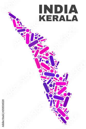 Mosaic Kerala State map isolated on a white background. Vector geographic abstraction in pink and violet colors. Mosaic of Kerala State map combined of scattered round points and lines.