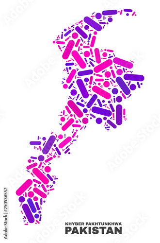 Mosaic Khyber Pakhtunkhwa Province map isolated on a white background. Vector geographic abstraction in pink and violet colors.