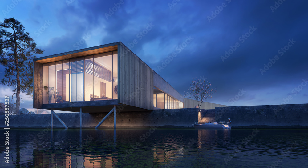 Fototapeta premium House on the river - Modern exterior design 3D Rendering