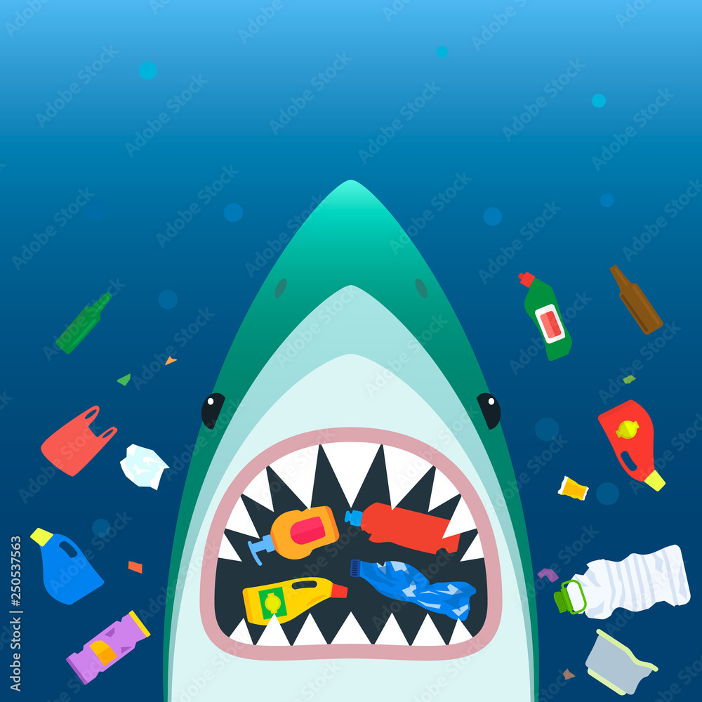 Ecological disaster of plastic garbage in the ocean. A scary shark in