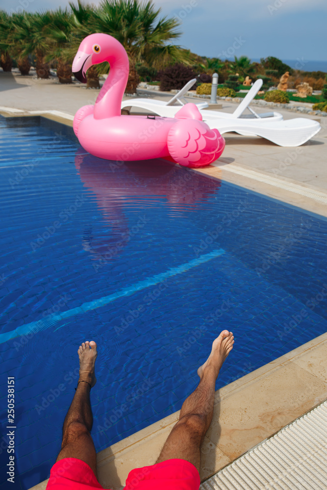 Guy on vacation.The guy by the pool with the flamingos.Summer holiday