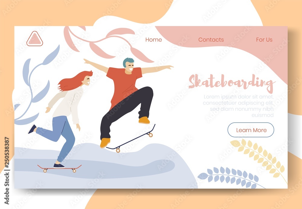 Modern cartoon flat characters doing sport activity,landing page banner web online concept of healthy lifestyle,ready to use design.Flat cartoon people smiling boy girl skateboarding,exercising
