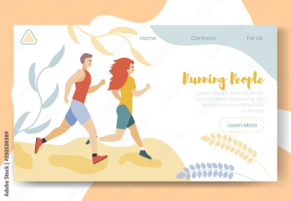 Modern cartoon flat characters doing sport activity, landing page banner web online concept of healthy lifestyle, ready to use design.Flat cartoon people running,sporting,smiling,exercising