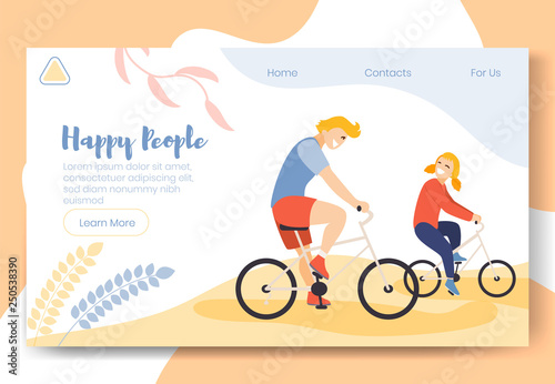 Modern cartoon flat characters doing sport activity,landing page banner web online concept of healthy lifestyle,ready to use design.Flat cartoon people smiling boy girl riding on bikes,exercising