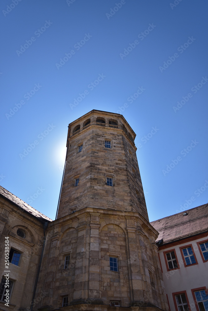 octogon tower in Bayreuth, Bavaria,against the sun