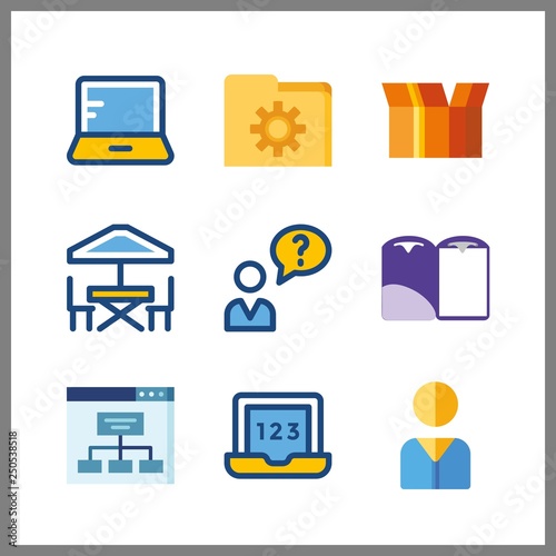 9 designer icon. Vector illustration designer set. sitemap and packaging icons for designer works