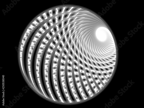 Illustration - Abstract mosaic of geometry - black background, white circular curved lines. Spiral shapes, symmetrical geometry and lines. Circle design, repeating patterns. Monochrome black and white © Cedar