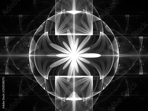 Illustration - Abstract mosaic of geometry - black background, white circular curved lines. Spiral shapes, symmetrical geometry and lines. Circle design, repeating patterns. Monochrome black and white