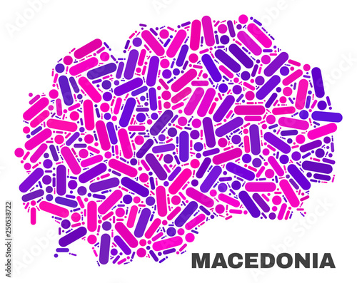 Mosaic Macedonia map isolated on a white background. Vector geographic abstraction in pink and violet colors. Mosaic of Macedonia map combined of scattered round points and lines. photo