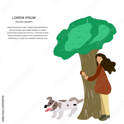 Girl hugging a tree with cute dog. 