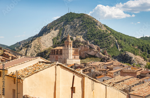 a view over Montalban town and the Church of Santiago, province of Teruel, Aragon, Spain photo