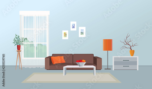 Living room interior. Furniture design. Home interior with sofa, table, window